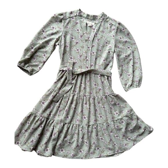 Monteau Los Angeles Green Floral Tiered Dress with belt & round neck size small - Picture 3 of 12